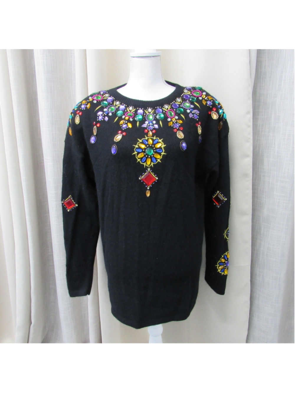 Vtg 80s Cedars Jeweled Beaded Sweater Angora Lambswool Black Embellished Glam S